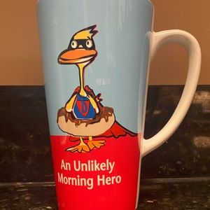Duck Donuts tall coffee mug 14 ounces Carolina blue and red, duck in mask & cape
